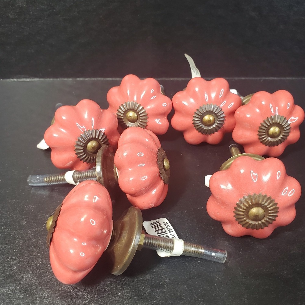 Pier‎ 1 Pumpkin /Flower Shape Ceramic Cabinet Knobs (7) Drawer Pulls Melon Brass
